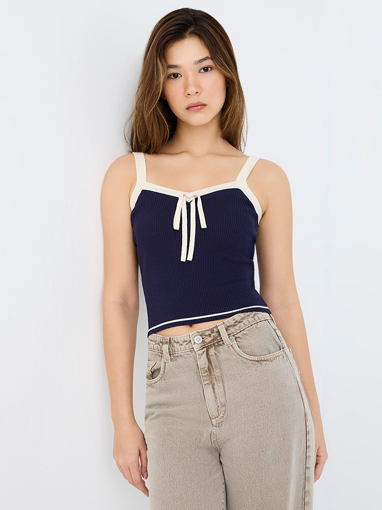 Nuon Navy Bow-Detail Ribbed-Textured Top