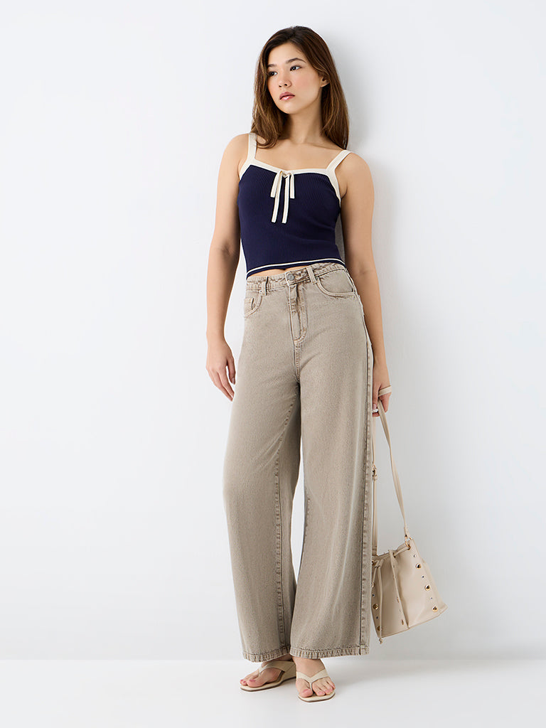 Nuon Navy Bow-Detail Ribbed-Textured Top