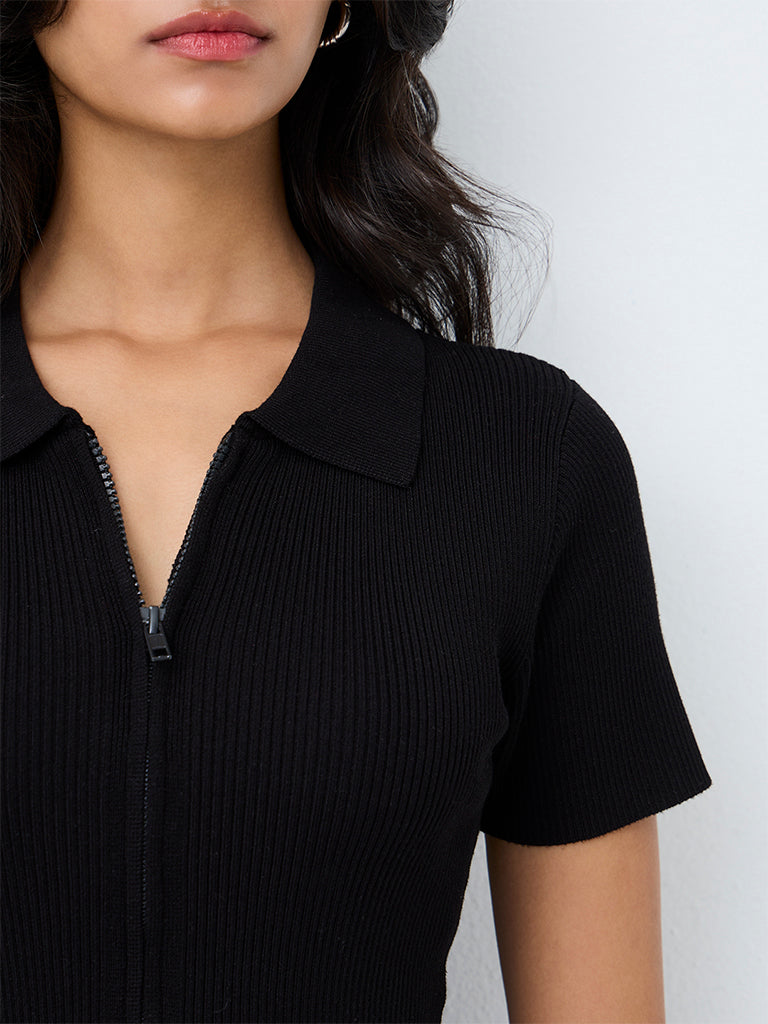 Nuon Black Ribbed Zipper-Front Top