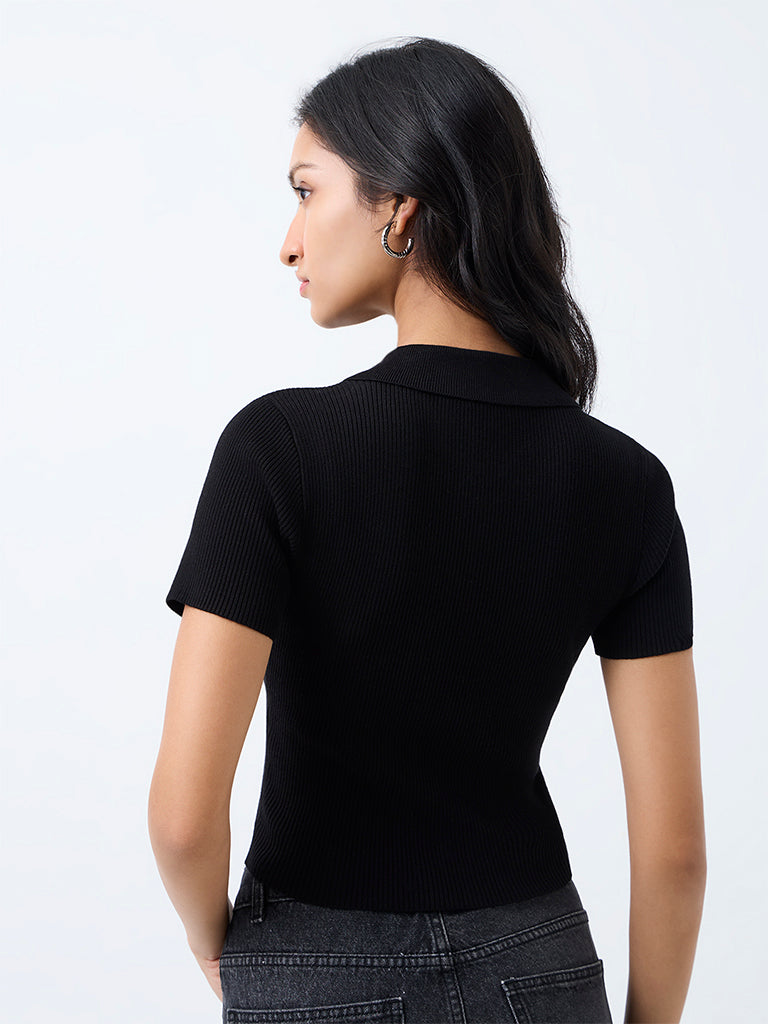 Nuon Black Ribbed Zipper-Front Top