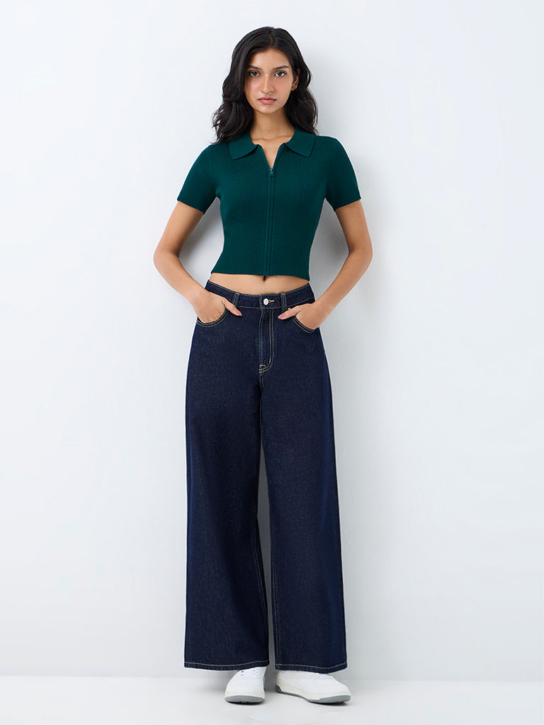 Nuon Dark Green Ribbed Zipper-Front Top
