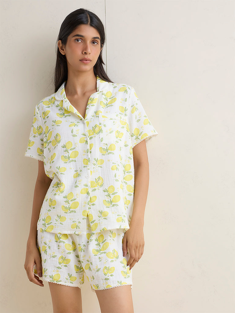 Wunderlove Ivory Floral Pattern Cotton Shirt and Shorts Set