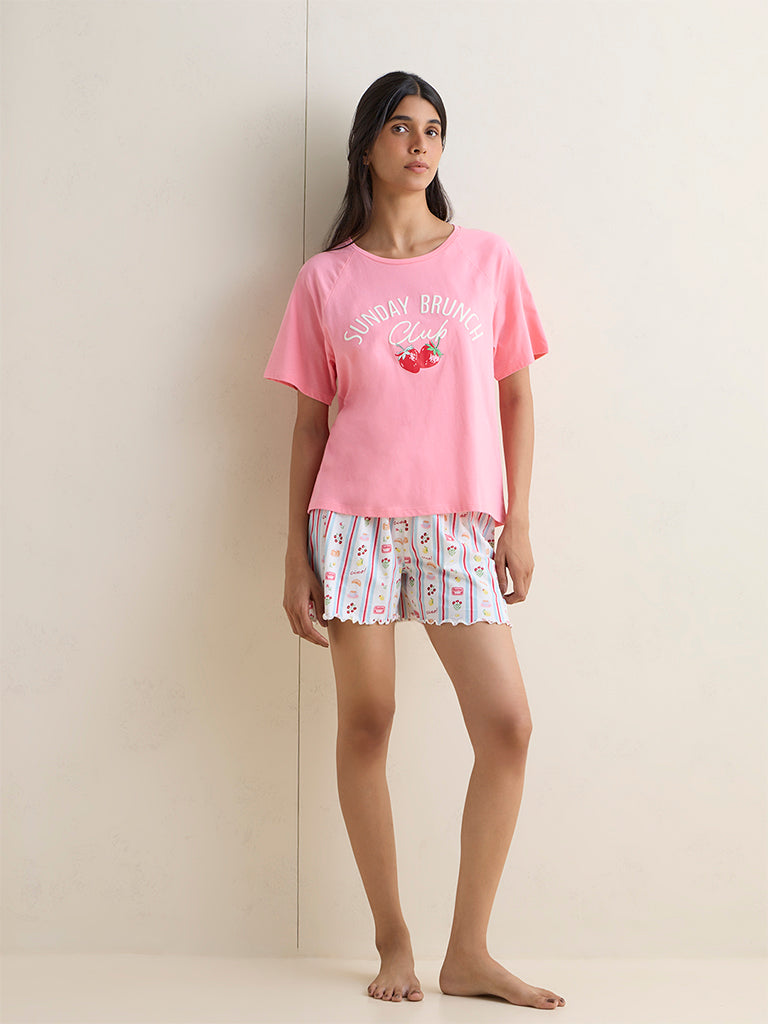 Wunderlove Pink Printed Cotton T-Shirt and Shorts Set