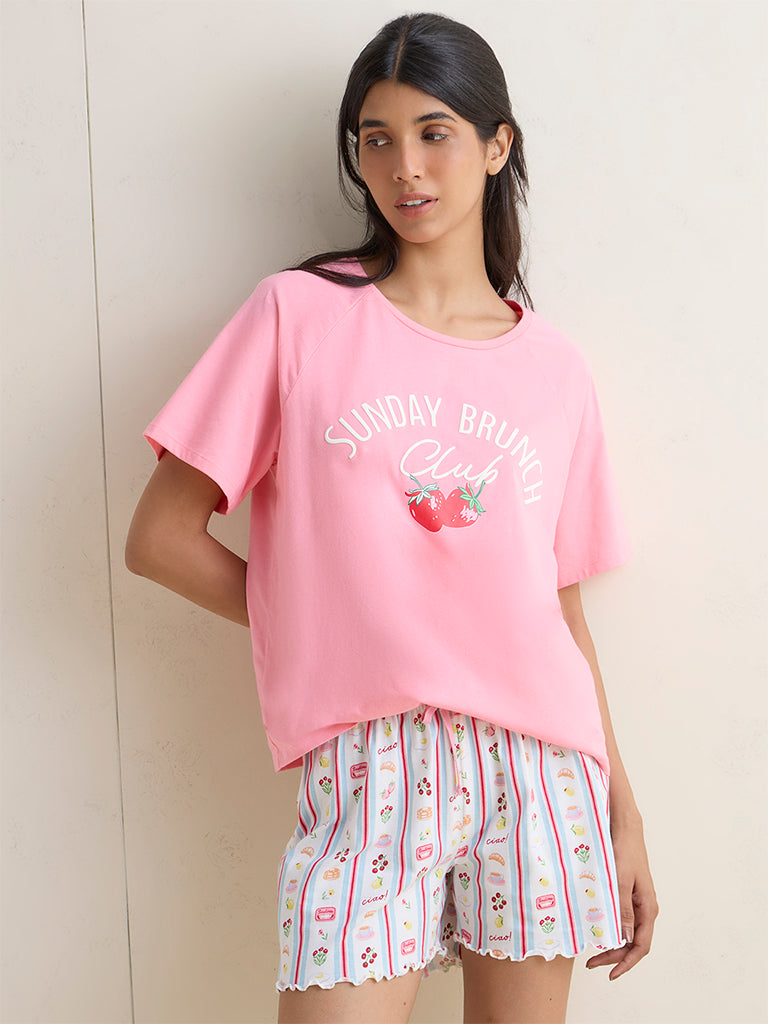 Wunderlove Pink Printed Cotton T-Shirt and Shorts Set