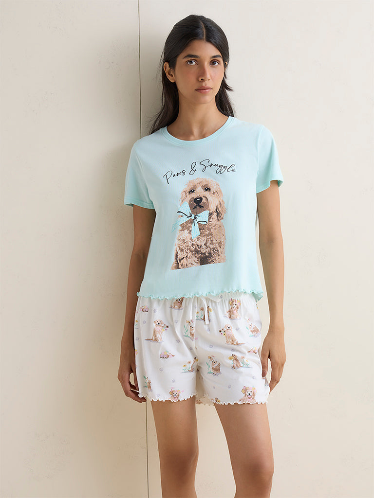Wunderlove Light Blue Cotton T-Shirt and Shorts Set