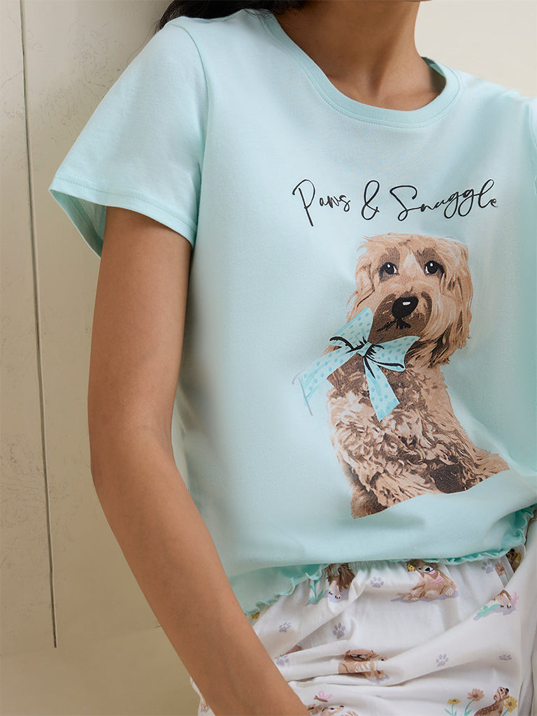 Wunderlove Light Blue Cotton T-Shirt and Shorts Set