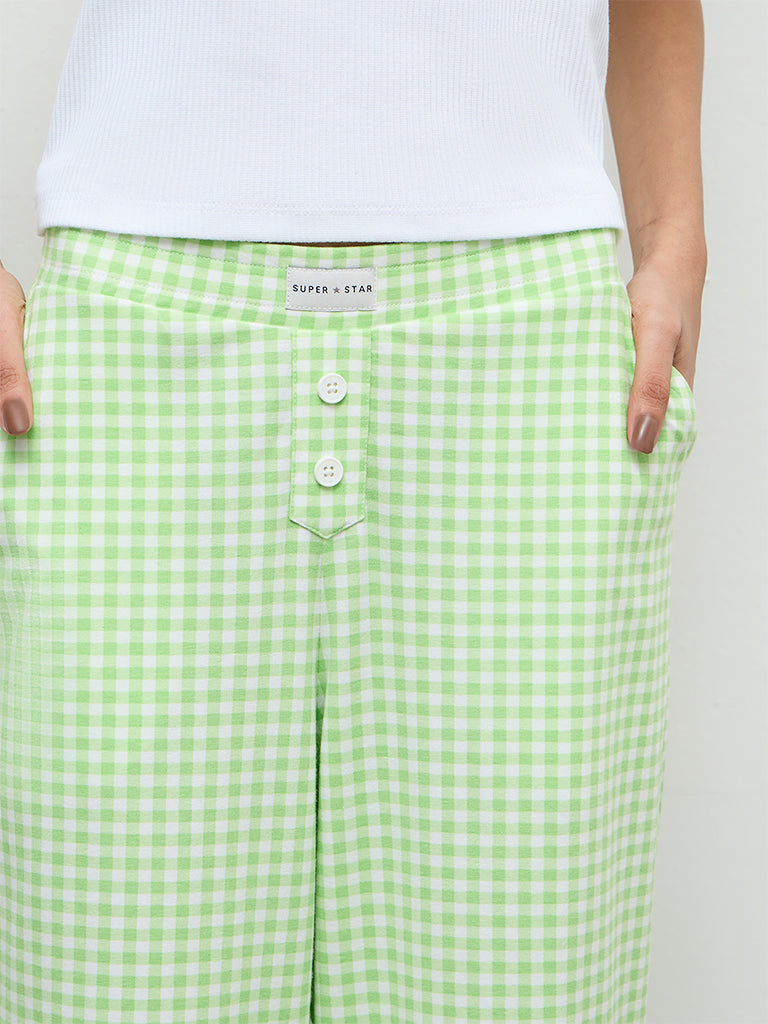 Superstar Green Checkered High-Rise Cotton-Blend Pants