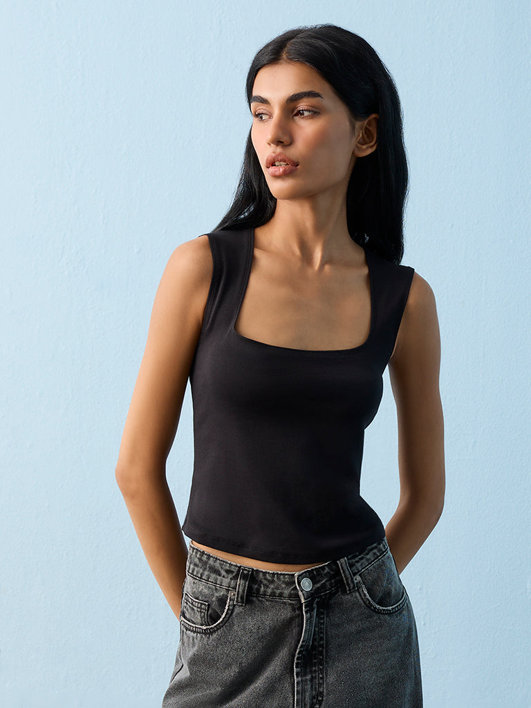 Superstar Black Solid Square-Neck Cotton-Blend Tank Top