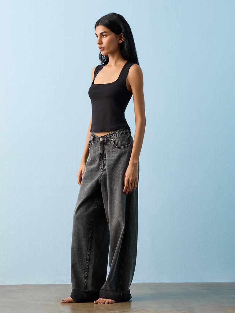 Superstar Black Solid Square-Neck Cotton-Blend Tank Top