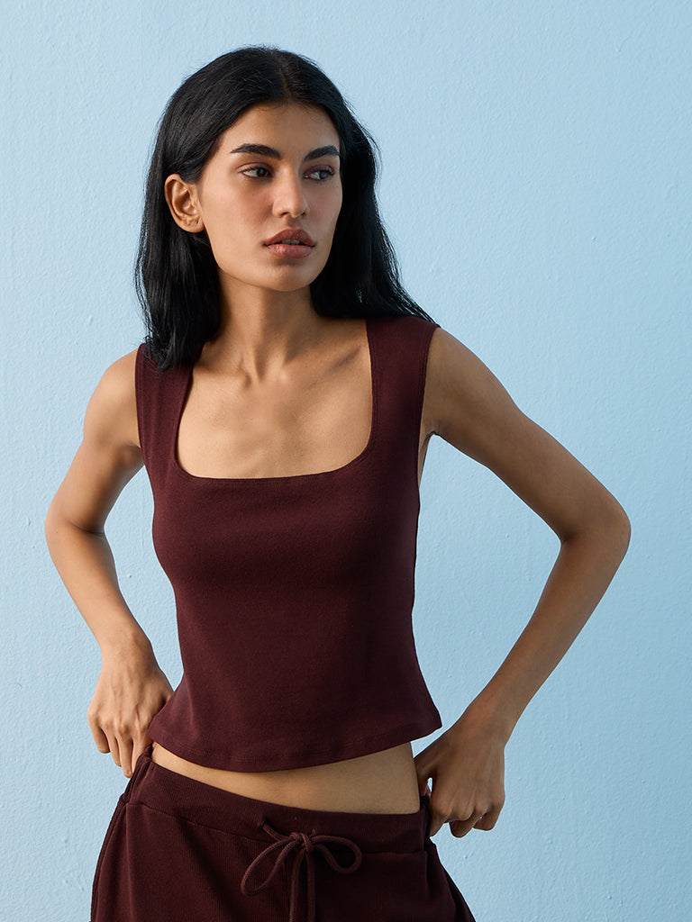 Superstar Brown Solid Square-Neck Cotton-Blend Tank Top