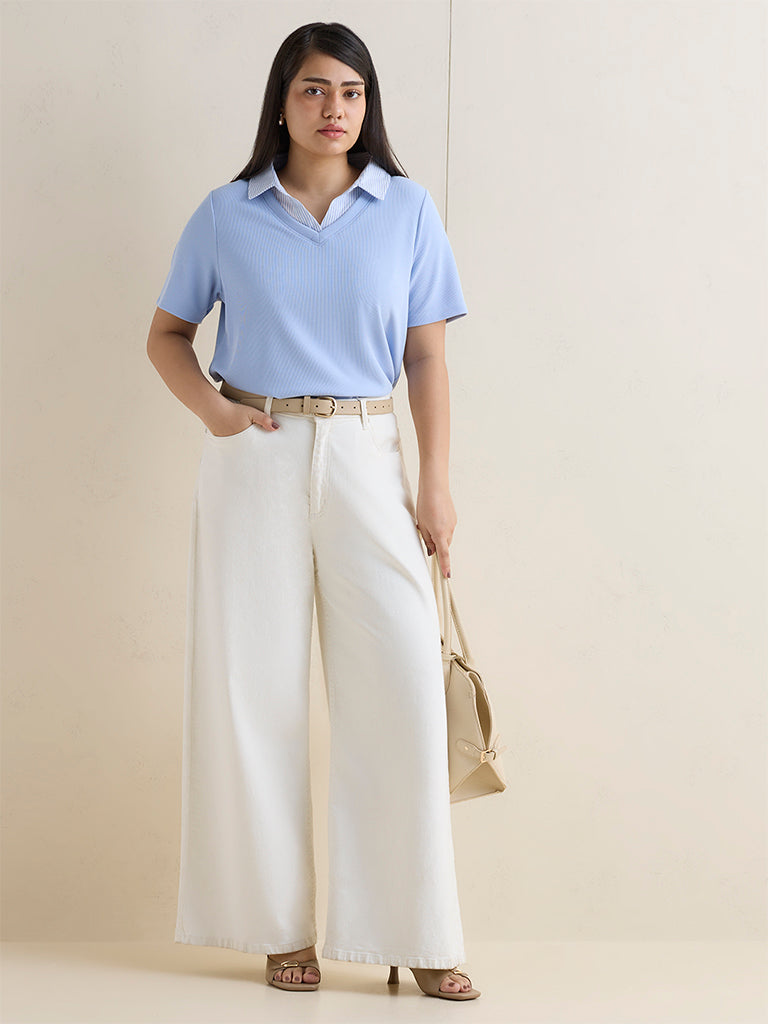 Gia Blue Knitted Collared Cotton T-Shirt