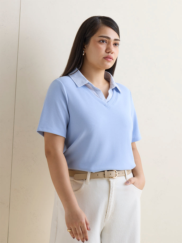 Gia Blue Knitted Collared Cotton T-Shirt