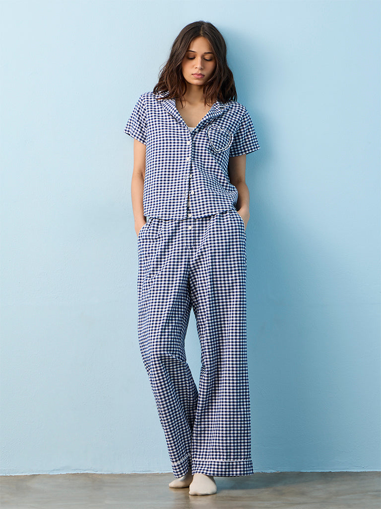 Superstar Dark Blue Gingham Checkered High-Rise Cotton Pants