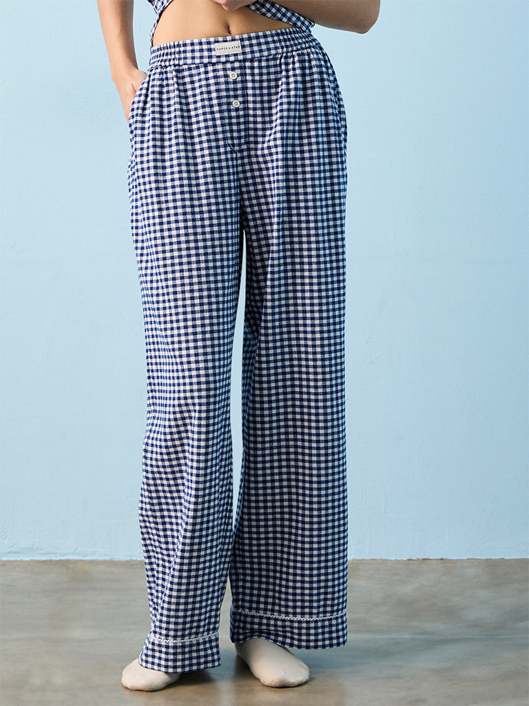 Superstar Dark Blue Gingham Checkered High-Rise Cotton Pants