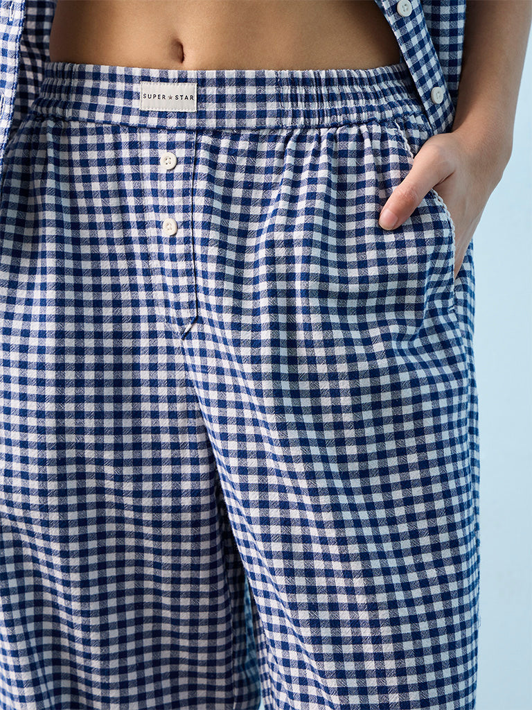 Superstar Dark Blue Gingham Checkered High-Rise Cotton Pants