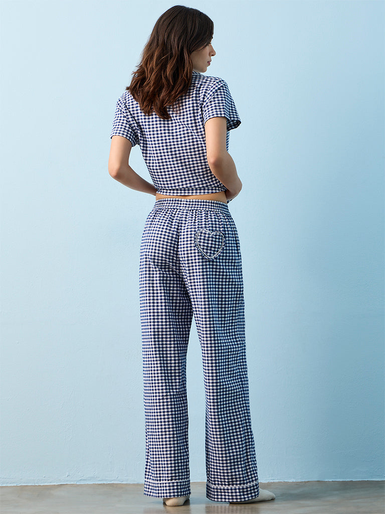 Superstar Dark Blue Gingham Checkered High-Rise Cotton Pants