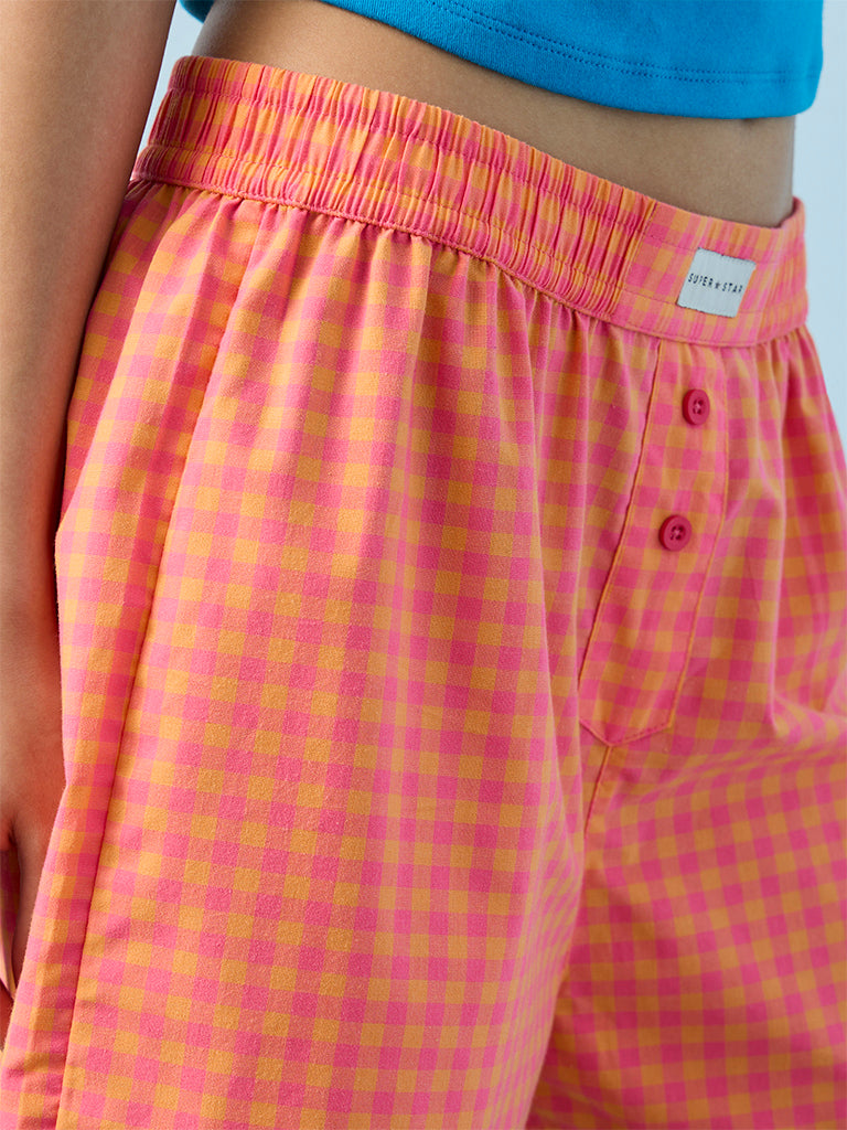 Superstar Orange Gingham Checkered High-Rise Shorts
