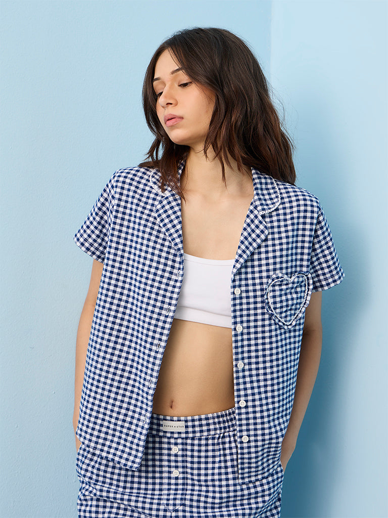 Superstar Dark Blue Gingham Checkered Cotton Shirt