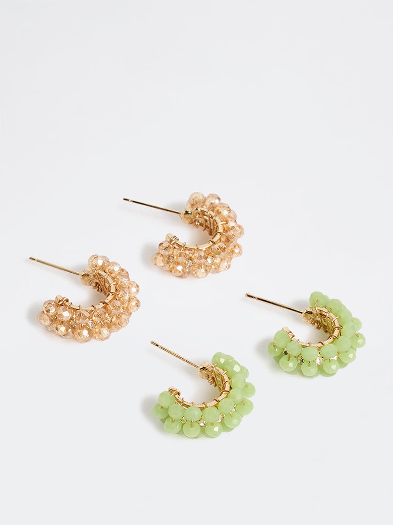 Westside Accessories Green and Peach Beaded Hoop Earrings