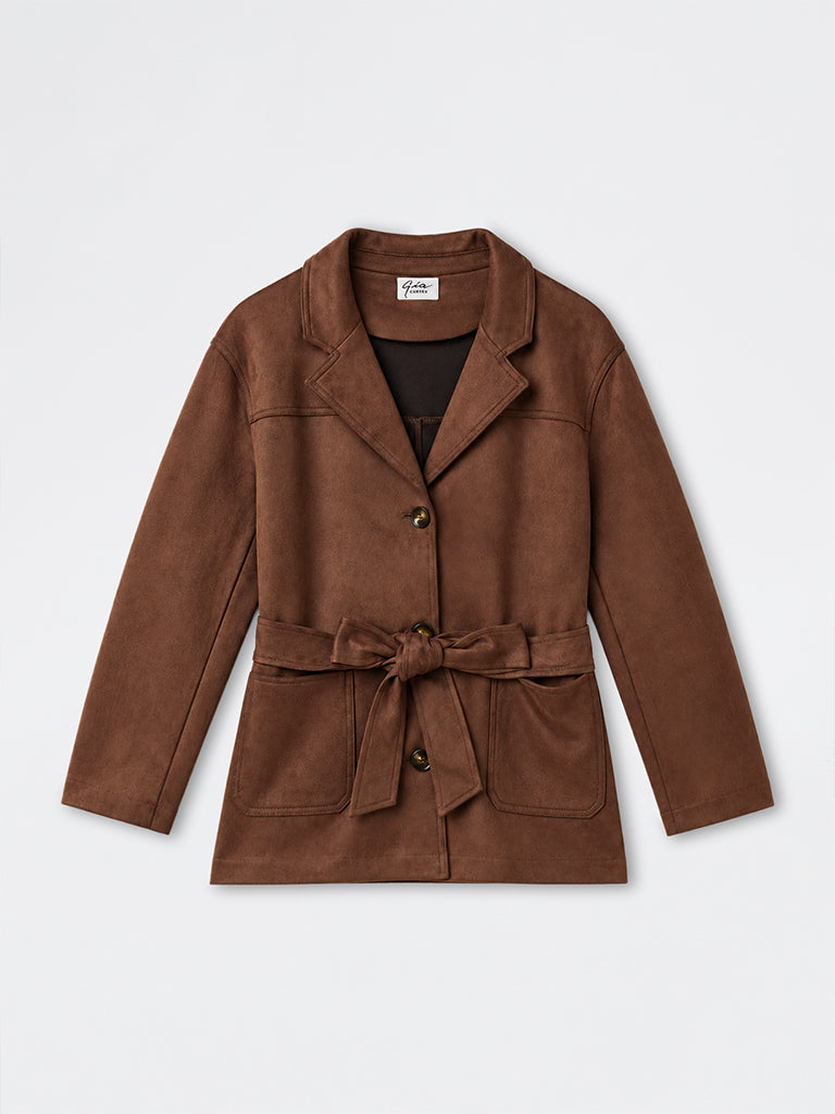 Gia Dark Brown Suede Jacket with Belt