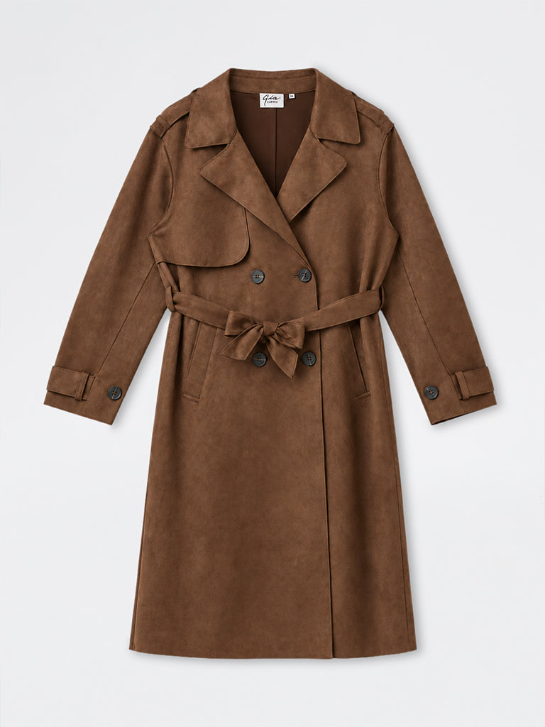 Gia Dark Brown Suede Trench Jacket with Belt