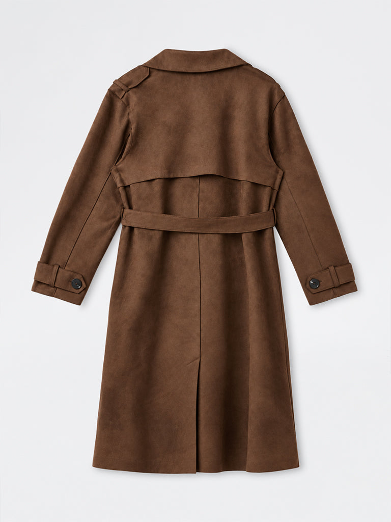 Gia Dark Brown Suede Trench Jacket with Belt