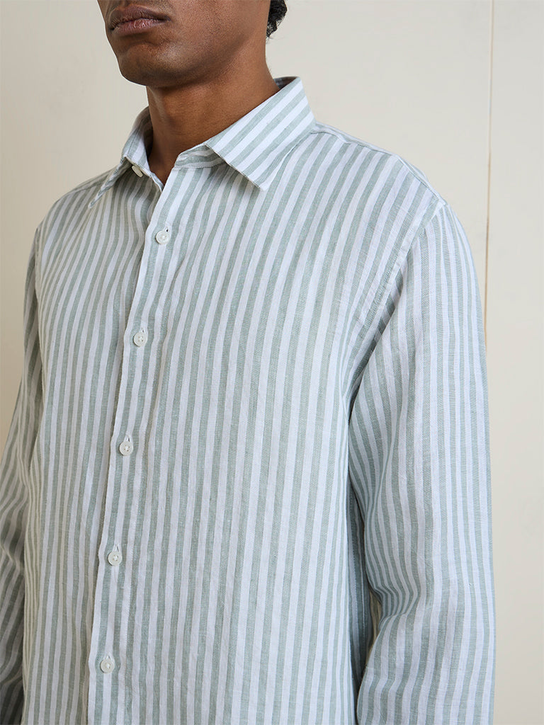 Ascot Sage Green Striped Relaxed-Fit Linen Shirt