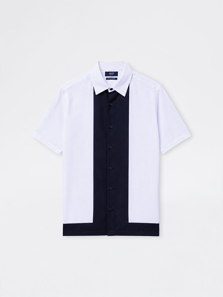 Ascot Off-White Color-Block Relaxed-Fit Cotton-Blend Shirt