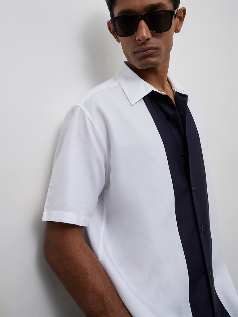 Ascot Off-White Color-Block Relaxed-Fit Cotton-Blend Shirt