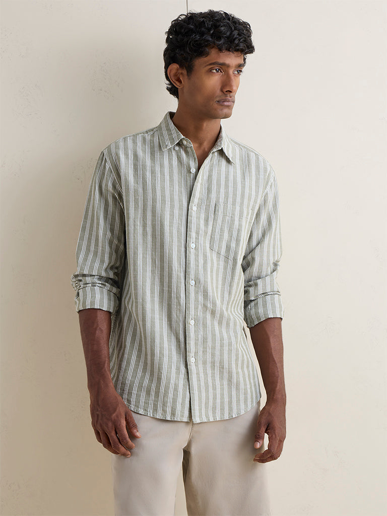 WES Casuals Olive Striped Relaxed-Fit Cotton-Blend Shirt