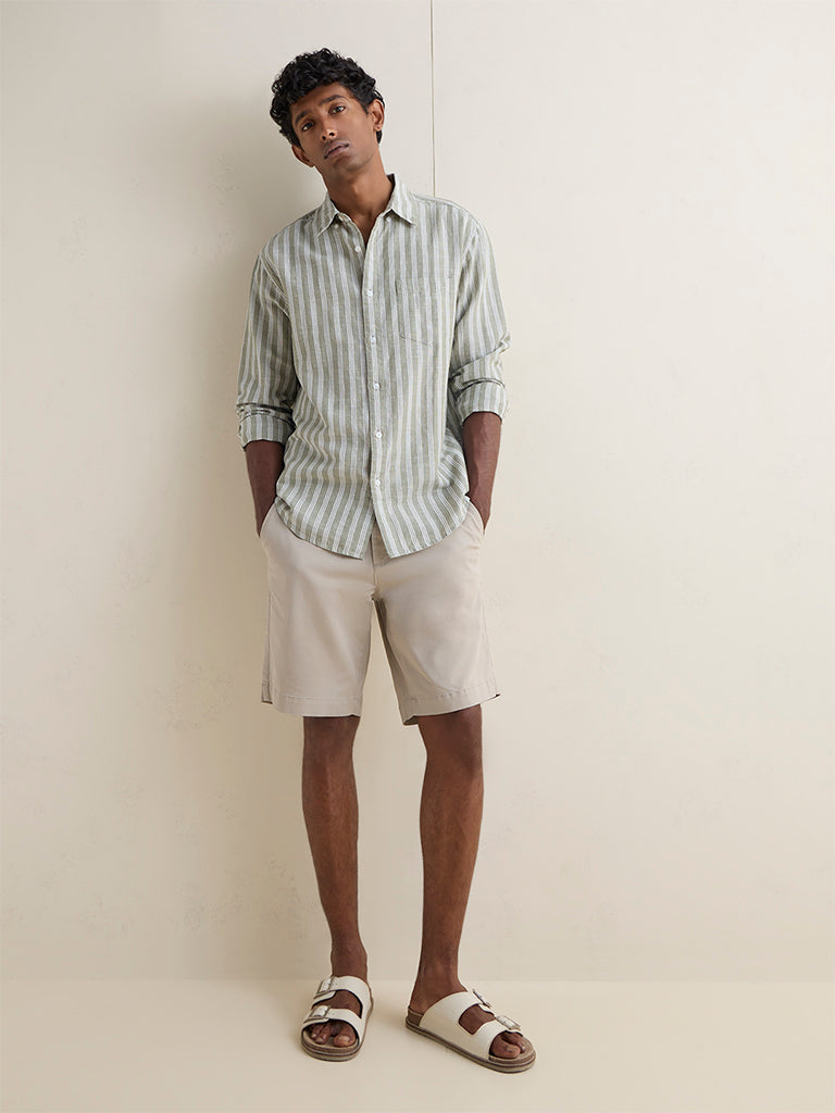 WES Casuals Olive Striped Relaxed-Fit Cotton-Blend Shirt