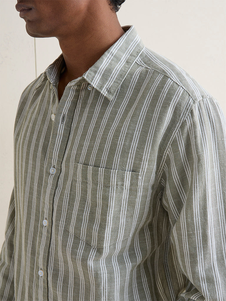 WES Casuals Olive Striped Relaxed-Fit Cotton-Blend Shirt