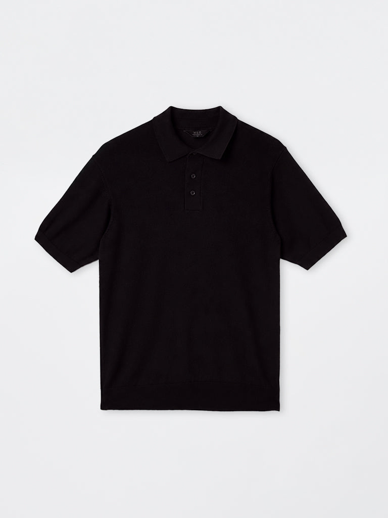 WES Formals Black Solid Relaxed-Fit Cotton-Blend Polo T-Shirt
