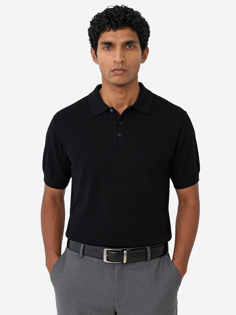 WES Formals Black Solid Relaxed-Fit Cotton-Blend Polo T-Shirt