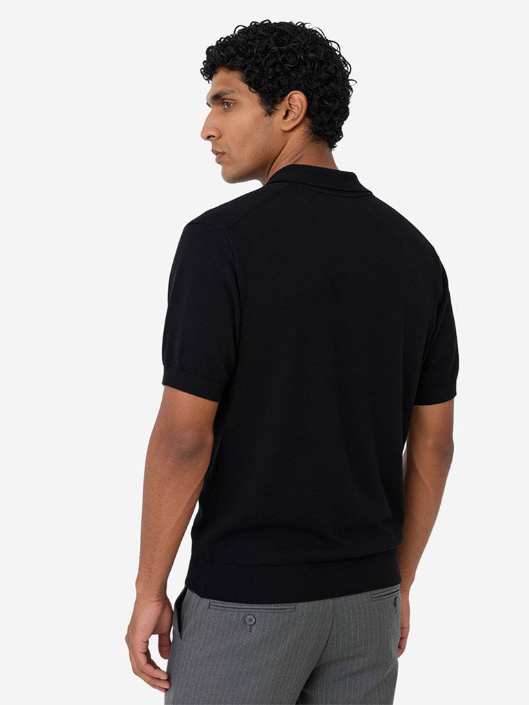 WES Formals Black Solid Relaxed-Fit Cotton-Blend Polo T-Shirt