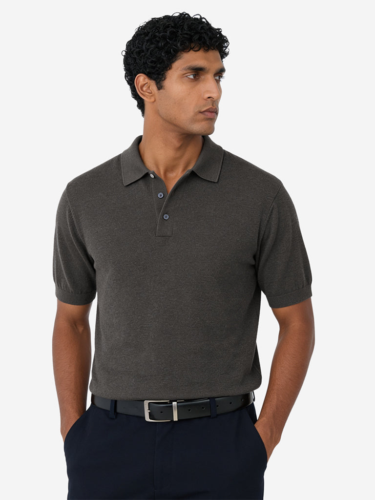 WES Formals Grey Solid Relaxed-Fit Cotton-Blend Polo T-Shirt