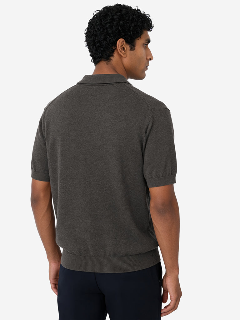 WES Formals Grey Solid Relaxed-Fit Cotton-Blend Polo T-Shirt