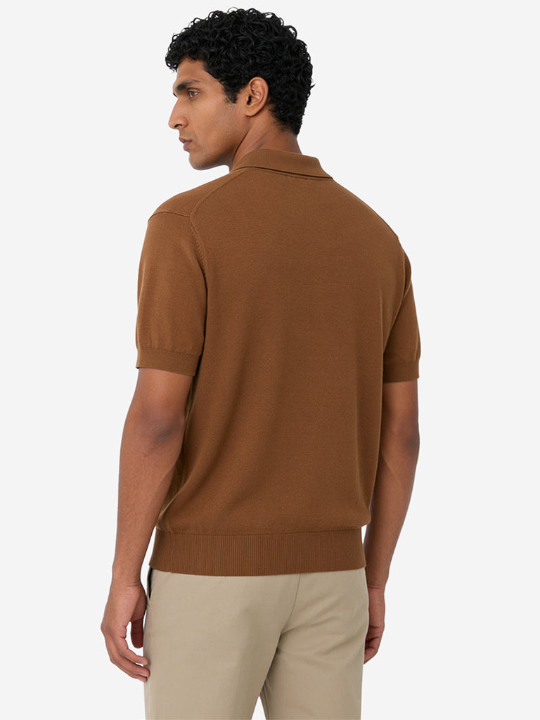 WES Formals Tan Solid Relaxed-Fit Cotton-Blend Polo T-Shirt