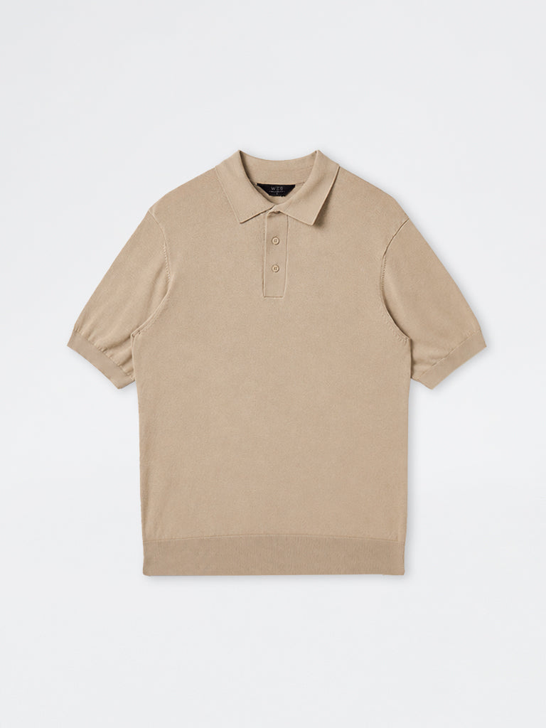 WES Formals Beige Solid Relaxed-Fit Cotton-Blend Polo T-Shirt