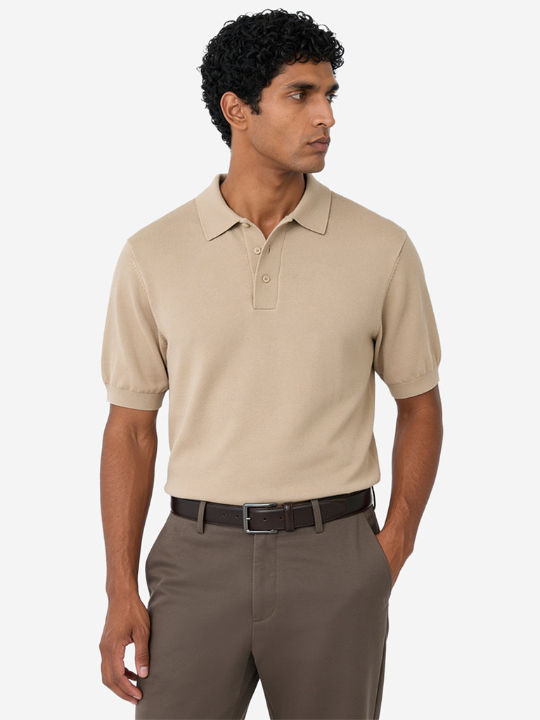 WES Formals Beige Solid Relaxed-Fit Cotton-Blend Polo T-Shirt
