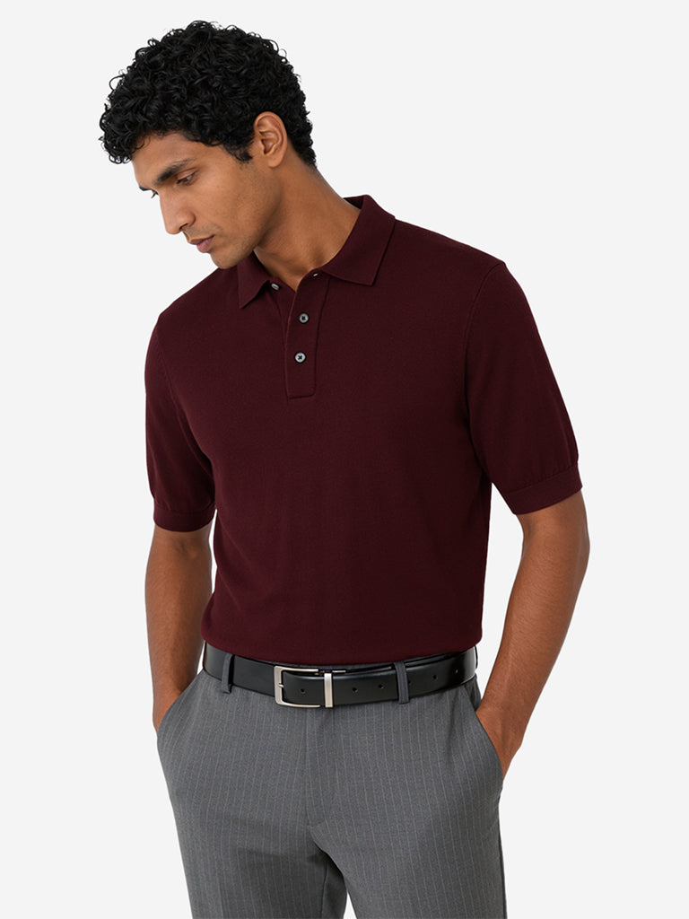 WES Formals Wine Solid Relaxed-Fit Cotton-Blend Polo T-Shirt