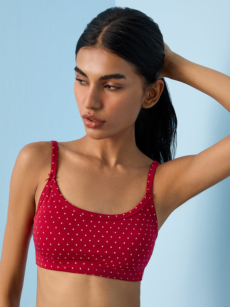 Superstar Red and White Polka Dot Printed Cotton-Blend Crop Top Bra - Pack of 2