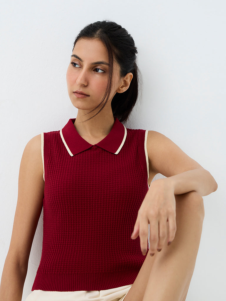 Nuoflexx Red Waffle-Textured Cotton Top