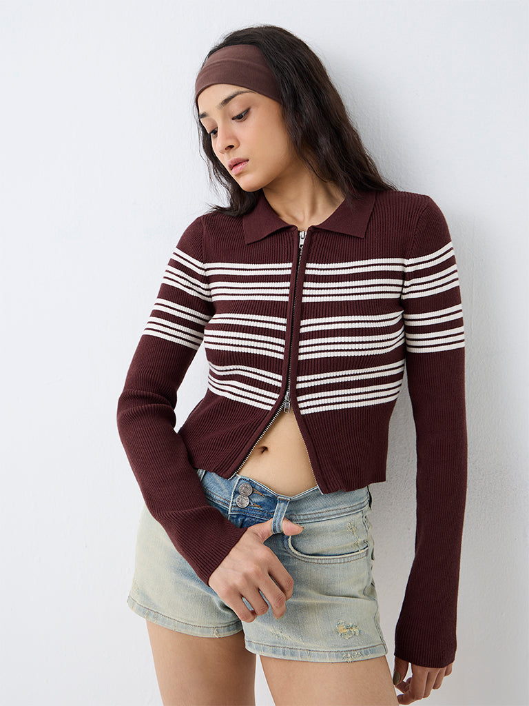 Nuon Dark Brown Striped Ribbed-Textured Top