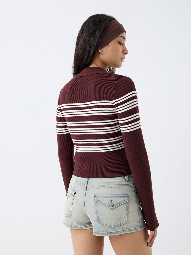 Nuon Dark Brown Striped Ribbed-Textured Top
