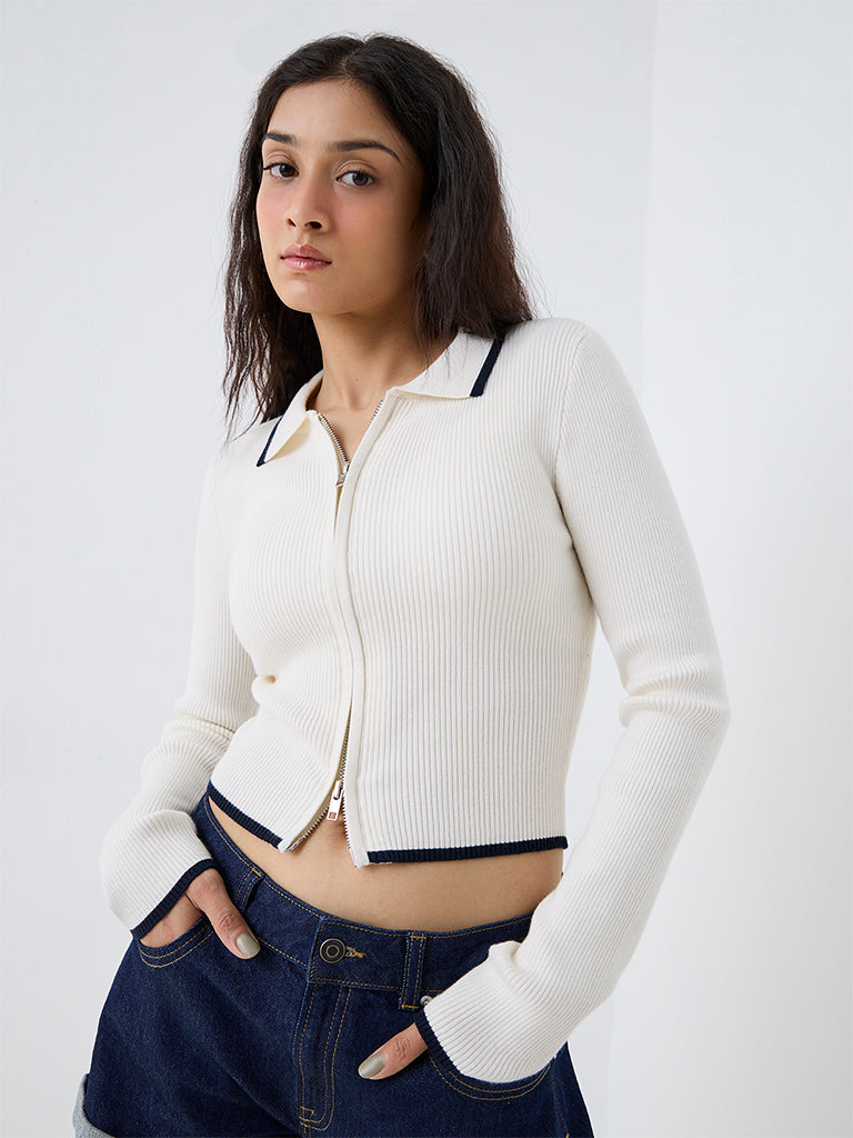 Nuon Off-White Ribbed-Textured Top