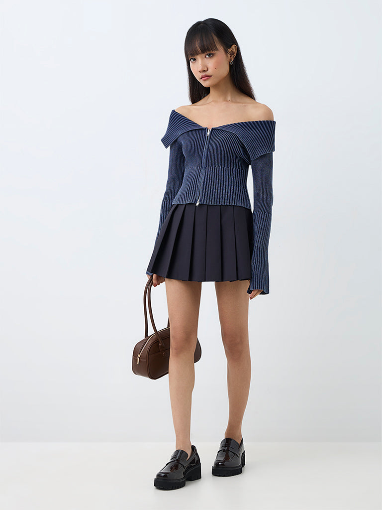 Nuon Dusty Blue Ribbed-Knit Off-Shoulder Cotton Top