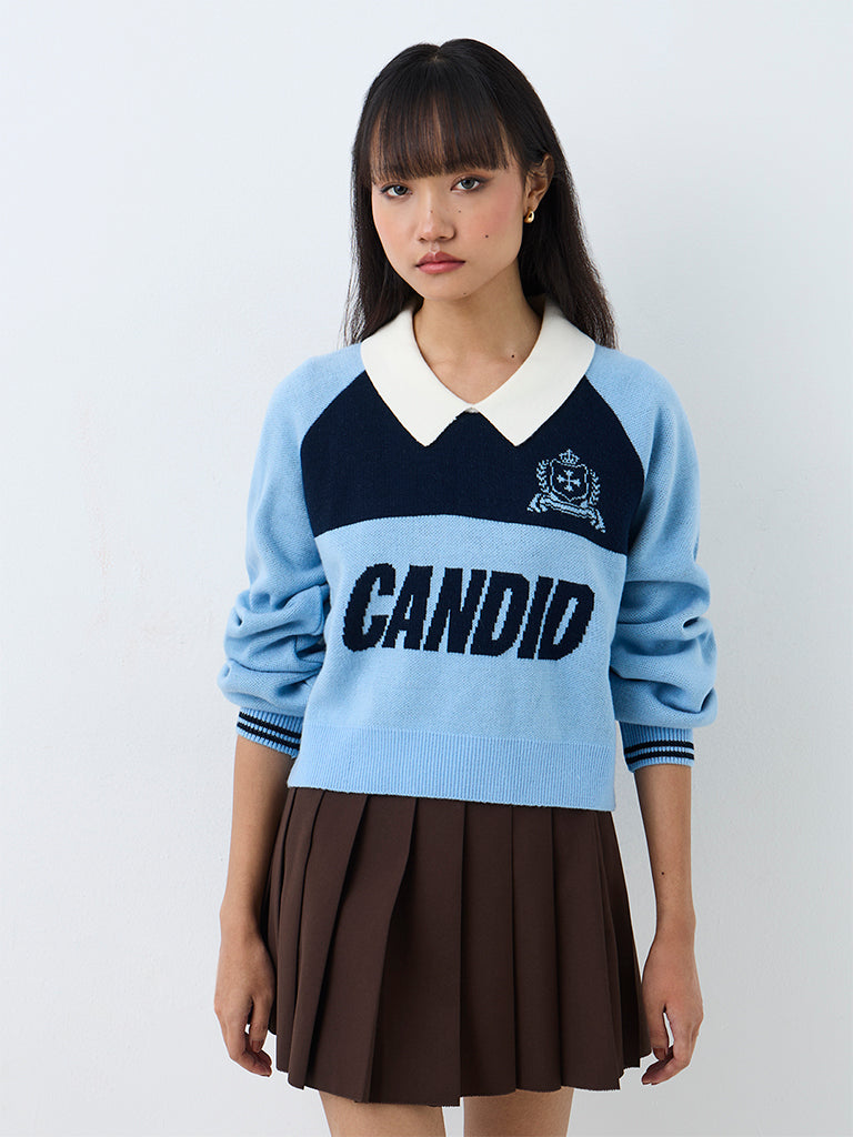 Nuon Light Blue Text Printed Knitted Sweater