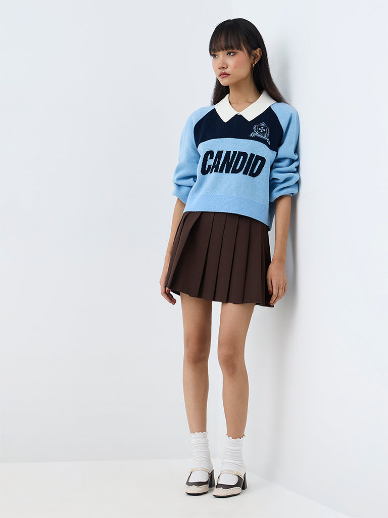 Nuon Light Blue Text Printed Knitted Sweater