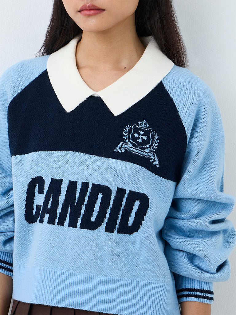 Nuon Light Blue Text Printed Knitted Sweater